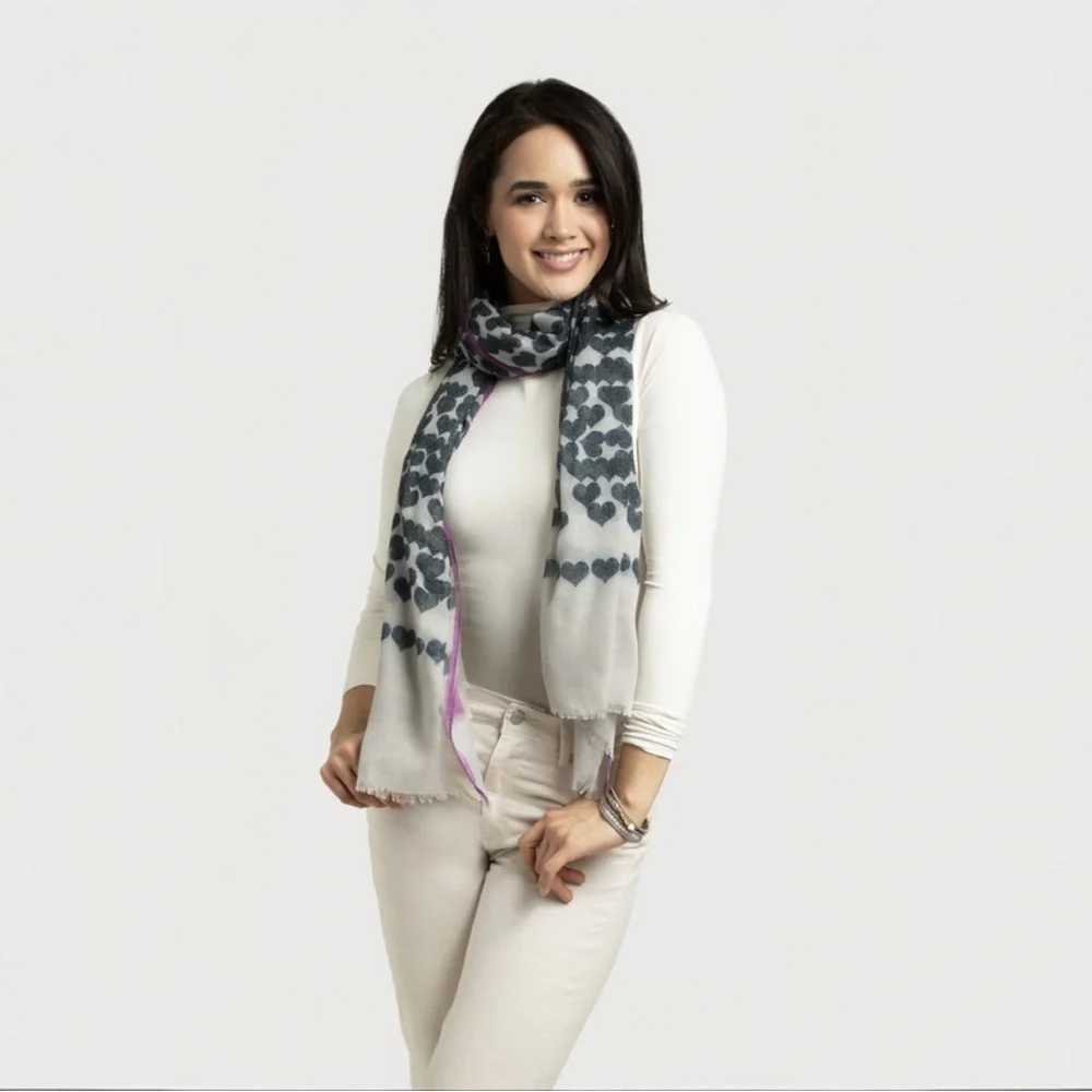 Wool & Silk Heart Print Scarf – Lightweight, Luxe & Soft - Picture 2 of 6